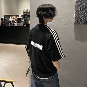 抖音得物高品质二开240克宽松纯棉美式潮牌三条杠织带短袖T恤图片