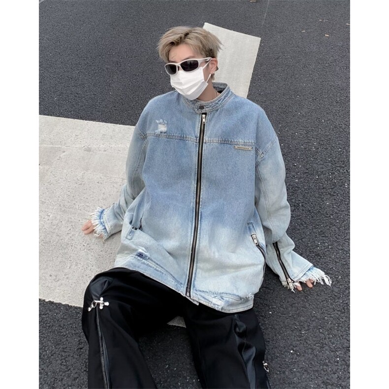 渐变水洗牛仔外春秋季设计感毛边拉链装饰工装夹克潮J3343-P80图片