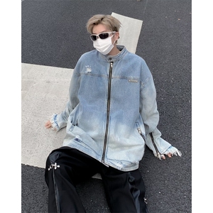 渐变水洗牛仔外春秋季设计感毛边拉链装饰工装夹克潮J3343-P80图片