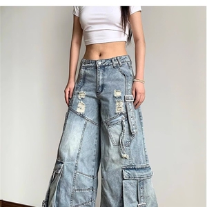 美式辣妹工装牛仔裤女春季2025新款高级感宽松休闲显瘦多口袋裤子图片