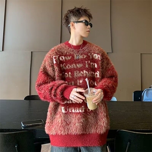 B441P68高街复古字母慵懒风毛绒保暖毛衣男秋冬季仿貂绒宽图片