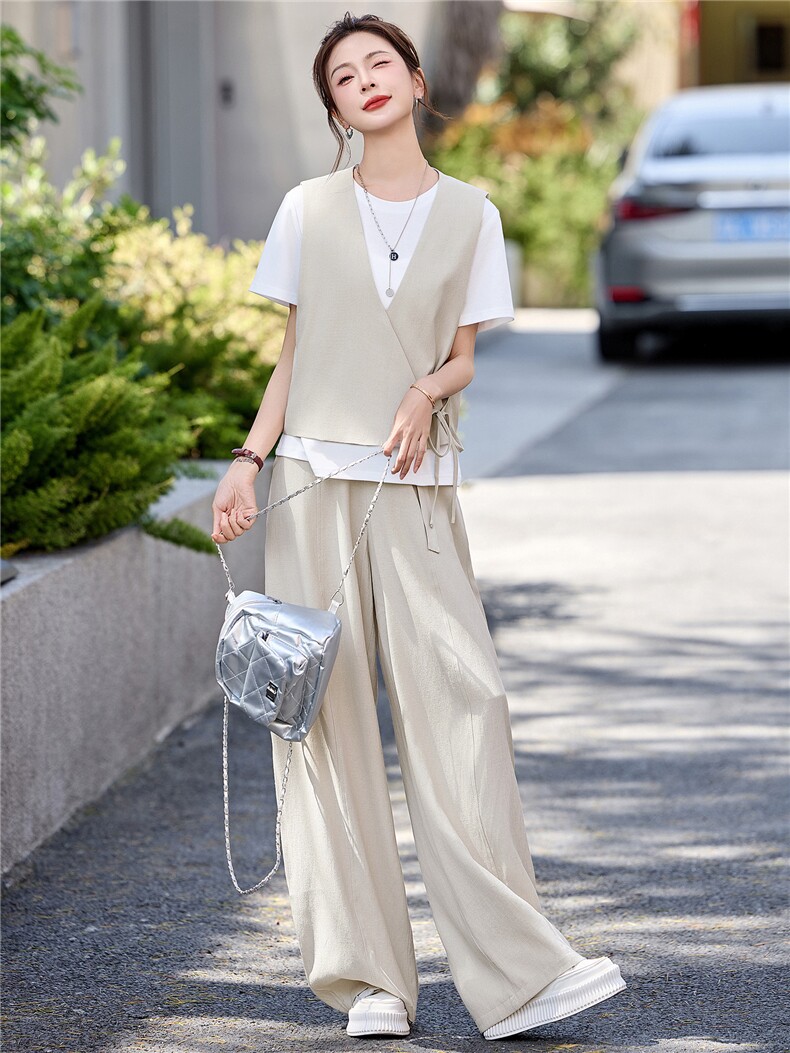 韩系减龄三件套女2026年夏季新款气质松弛感小个子短袖马甲阔腿裤,女装套装/套裙,拾衣