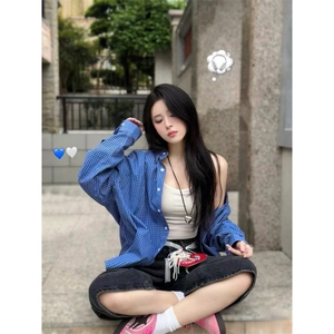 TC735-P45 韩系蓝色格子衬衫外套早秋穿搭学院风宽松叠穿打底外套图片