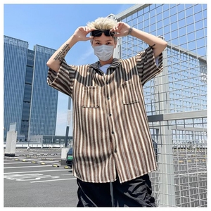 美式复古条纹短袖针织开衫外套男女夏季休闲半袖衬衣 CC55图片
