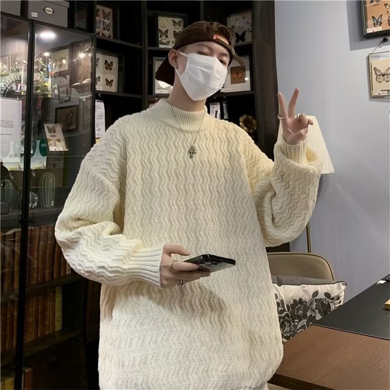 波浪纹毛衣男士潮牌纯色宽松日系慵懒内搭圆领宽XZ002-P50,男装针织衫/毛衣,星座1109-3
