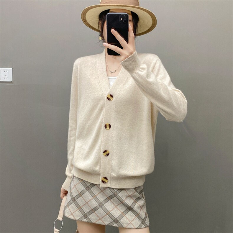 2023秋季新款山羊绒衫女V领宽松显瘦套头长袖羊绒针织衫外套，女装羊绒衫，织绒羊