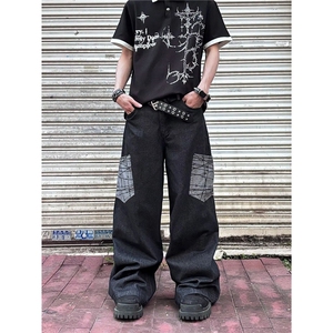 复古格纹大口袋弯刀拼接牛仔裤男女休闲美式直筒宽松休闲阔腿长裤图片
