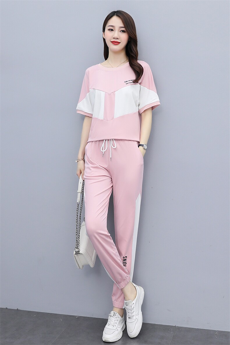 2021夏季新款简约时尚优雅气质圆领拼色松紧裤腰休闲两件套,女装套装/套裙,曼娅璐
