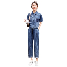 牛仔套装女欧洲站2025夏季新款时尚洋气减龄薄款工装小脚裤两件套，女装套装/套裙，E百度