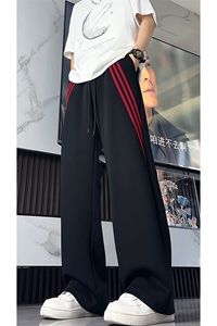 条纹运动裤子男生春秋季美式重磅阔腿裤oversize潮牌宽松直筒长裤图片