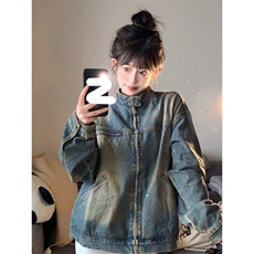 【有货】美式复古垫肩牛仔外套男女款高级感立领夹克JK05CC-特P68，男装夹克，星座1007（原301D）