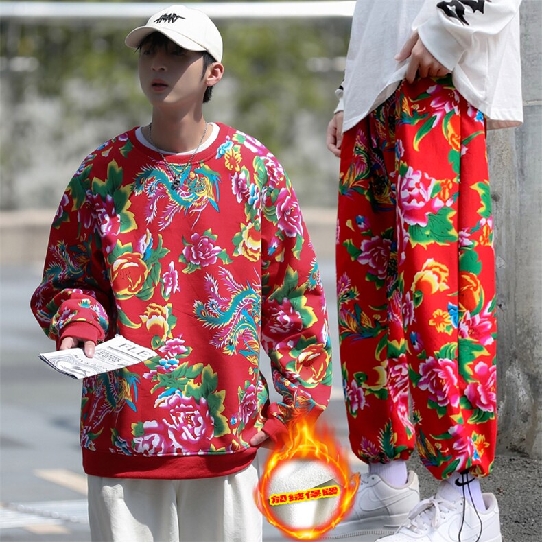 TW02男女休闲东北大花加绒加厚保暖卫衣九分裤套装风团队服潮,男装休闲套装,星座115A(原星座507）