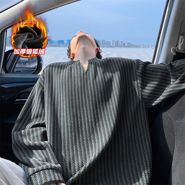 450g重磅雪尼尔鱼骨纹V领加绒银狐绒T恤男T24536J加绒-特P30控58，男装T恤，电商A001-1