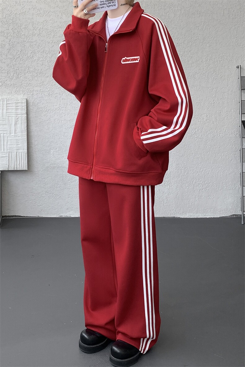 8XL-M条纹撞色开衫新年红卫衣运动套装潮牌运动服校园风TZ114P118,男装休闲套装,电商D206-1