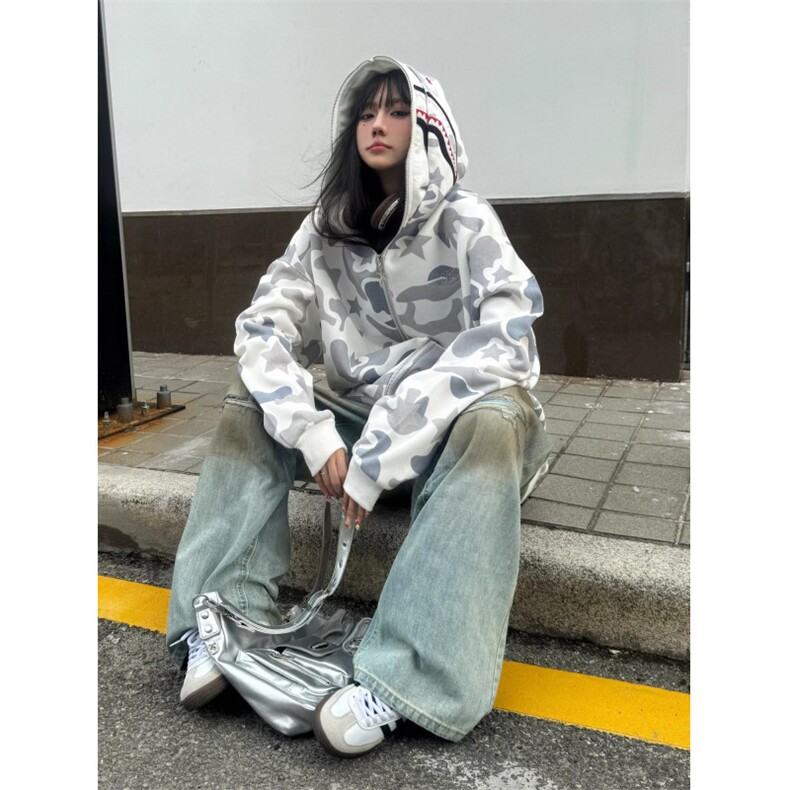 Amoeba美式复古双帽迷彩连帽卫衣拉链开衫原创潮秋季男女外套,女装短外套,星座506A