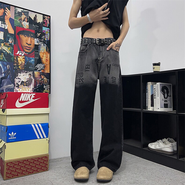 渐变色牛仔裤男直筒宽松设计感小众裤子潮牌高街阔腿裤HG85P43,男装牛仔裤,星座1013-1