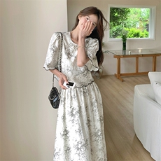 复古印花轻国风套装裙女2025夏季新款显瘦泡泡袖上衣半身裙两件套，女装套装/套裙，2C177
