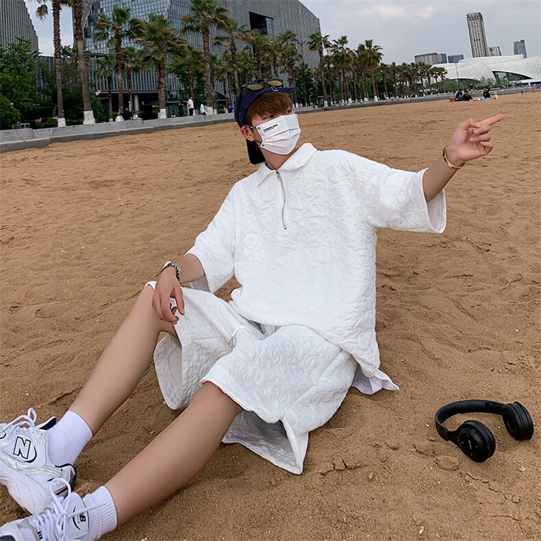 套装男韩版潮流暗纹熊熊痞子帅POLO衫2023夏季ins五分裤W4853-P49,男装休闲套装,星座412-3