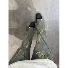 美式做旧黄泥色磨破洞牛仔裤hiphop炸街裤子潮显瘦线条微喇直筒裤，男装牛仔裤，星座601-1