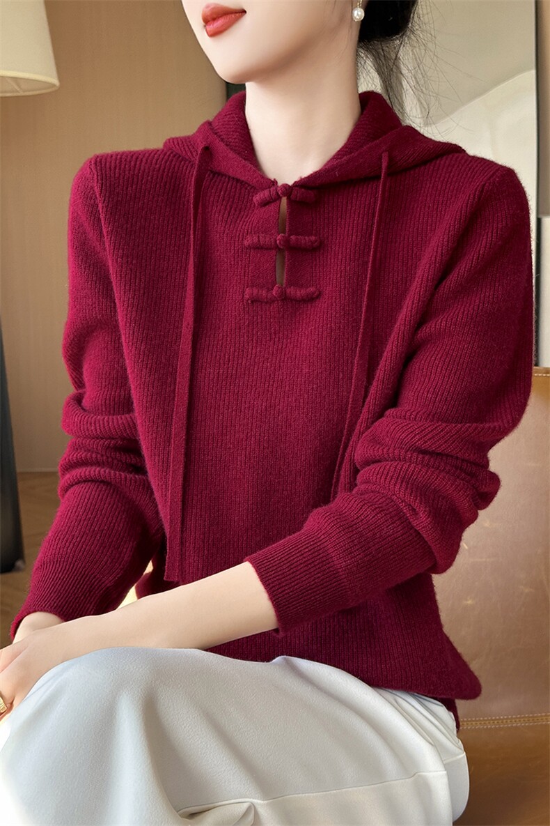 新中式国风帽衫女盘扣抽绳针织毛衣宽松慵懒羊毛衫卫衣,女装羊毛衫,北娇羊绒