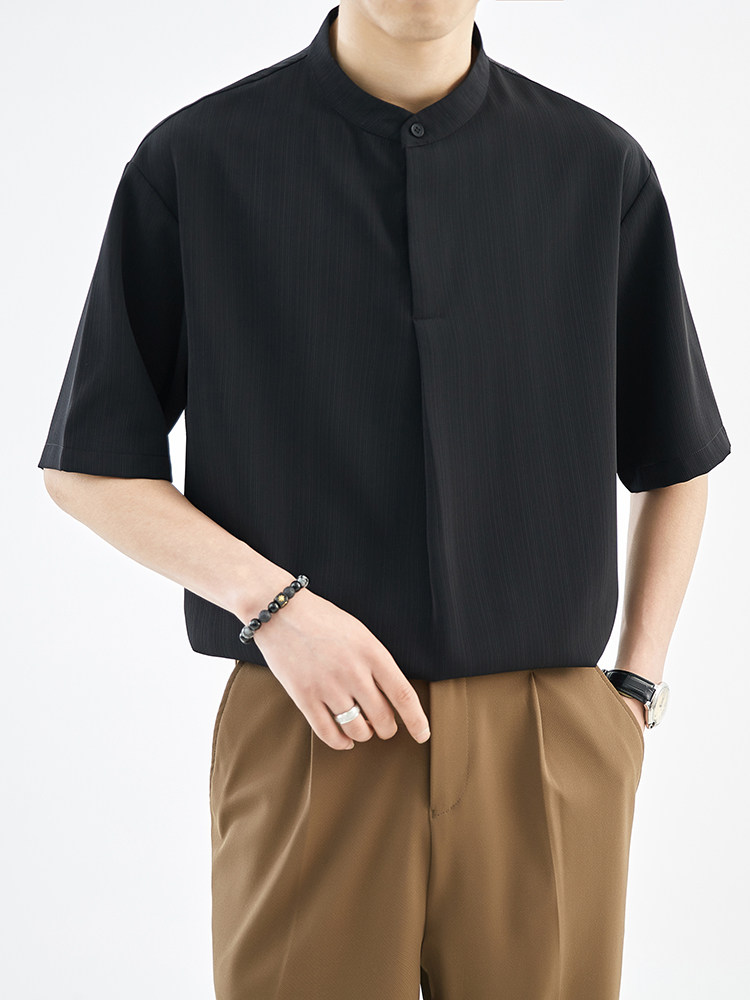 抖音夏季男士七分袖纯色冰丝衬衫男宽松衬衣A236-0855-P58,男装衬衫,电商A236