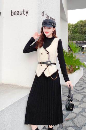 冬装时尚中长款修身中长款两件套貂绒连衣裙,女装连衣裙,西子阁