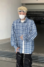 秋季新款港风日系潮流宽松百搭纯棉翻领格子长袖衬衫男ZC760-P43，男装衬衫，星座313A(原308A-2)