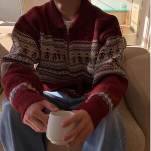 冬季新年印第安复古条纹毛衣男女宽松慵懒风小众红色针织衫外套男图片