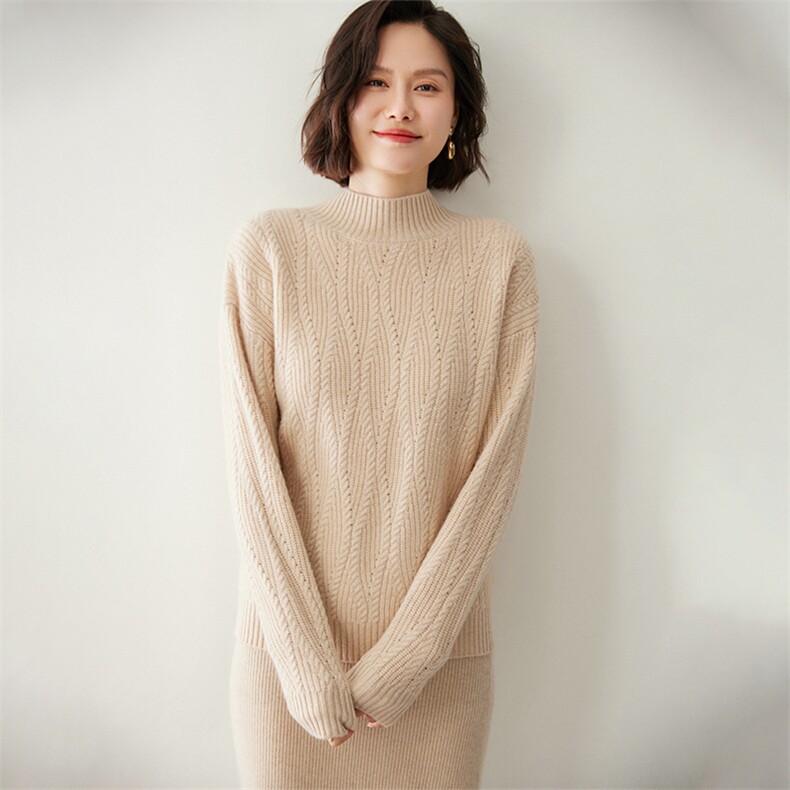 时尚麻花半高领女士羊绒衫显瘦保暖秋冬必备,女装羊绒衫,迎冬羊绒