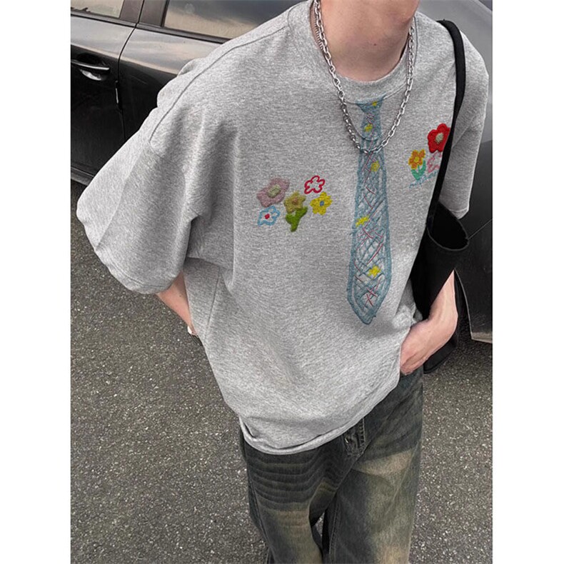 万针全刺绣解构设计260克重磅双纱纯棉高品质美式高街短袖T恤特35,男装T恤,电商A486