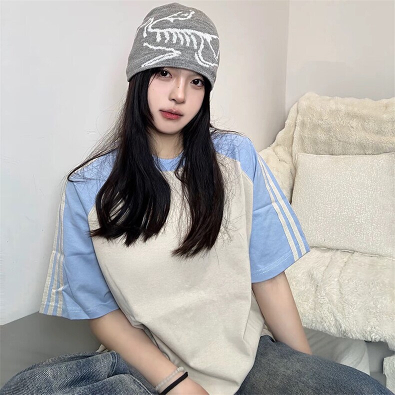 抖音得物品质二开240克宽松纯棉美式潮牌插肩三杠织带短袖T恤图片