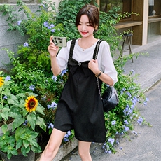粉色泡泡袖小衫套装女夏2025新款小个子甜美减龄背带裙显瘦两件套，女装套装/套裙，2D078