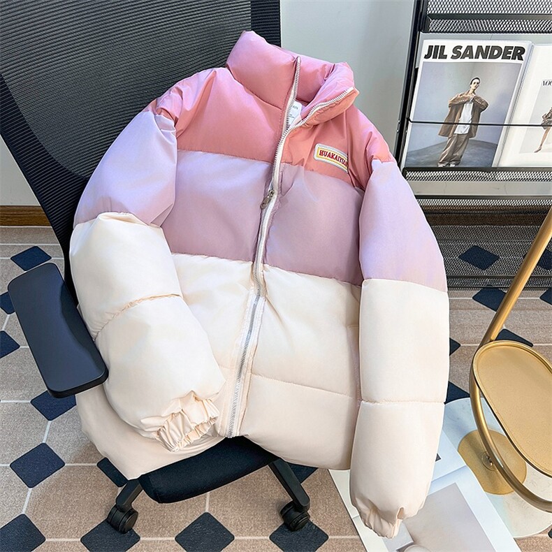 粉色拼接立领棉衣男女款韩版休闲宽松加厚面包服情侣保暖棉服外套,男装棉衣,星座506B