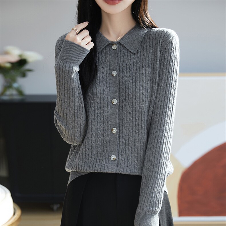 精纺100纯羊毛polo领麻花针织开衫女修身显瘦简约通勤毛衣外搭薄,针织衫/毛衣,朝思羊绒