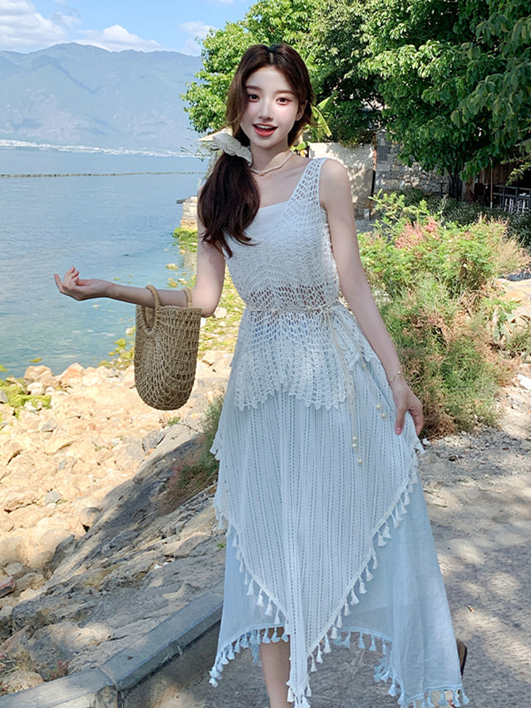 波西米亚度假风套装裙女2025夏新款镂空马甲背心流苏半身裙三件套,女装套装/套裙,浙宝220
