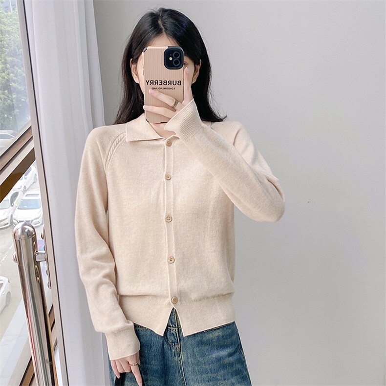 秋冬羊毛简约休闲小翻领开衫毛衣女宽松显瘦百搭针织衫,女装羊毛衫,米莲尼羊绒
