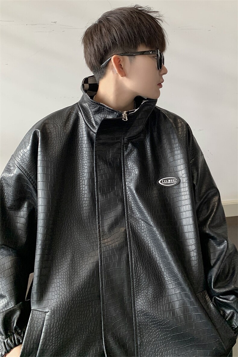 1港风两面穿夹克男大码格子PU皮鳄鱼纹皮衣男外套JK8753P110控149,男装皮衣,星座226-2