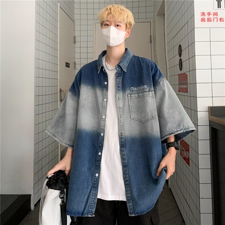 夏季新款衬衫潮流慵懒男方领水洗牛仔衬衫P58,男装衬衫,星座1116-2
