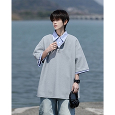 8XL-M假两件衬衫领短袖T恤大码夏季条纹拼接polo衫半袖DX1211/P45，男装T恤，电商B238