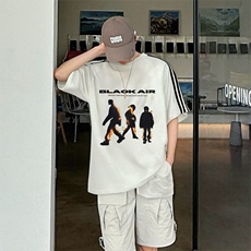 抖音得物高品质二开240克宽松纯棉美式潮牌三条杠织带短袖T恤，男装T恤，电商A486-1