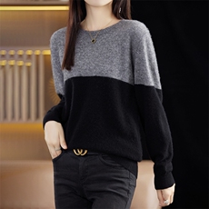 时尚拼色圆领羊毛衫休闲百搭显瘦长袖针织衫，女装羊毛衫，丽特绒