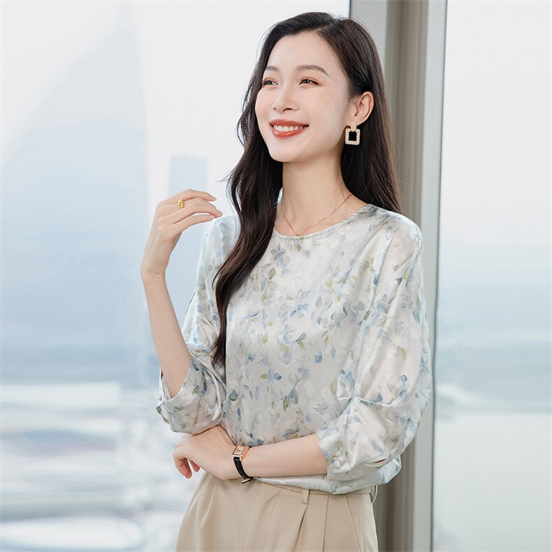 真丝衬衫女2026新款圆领复古文艺五分袖上衣女高级感宽松显瘦,女装衬衫,阿舍尔精品