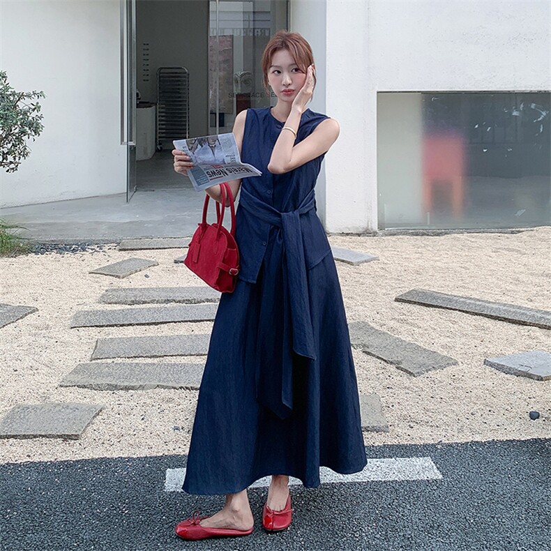 老钱风无袖绑带上衣半身裙套装女2025夏季新款法式气质显瘦两件套,女装套装/套裙,浙宝305