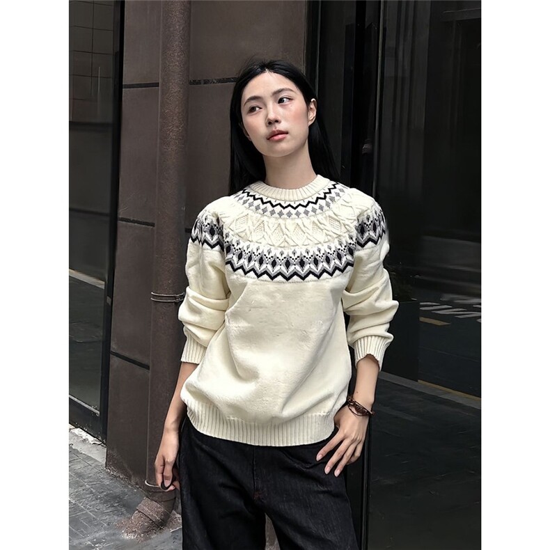 撞色费尔岛提花毛衣女宽松慵懒风设计感长袖针织AB120-P56,男装针织衫/毛衣,星座208-5