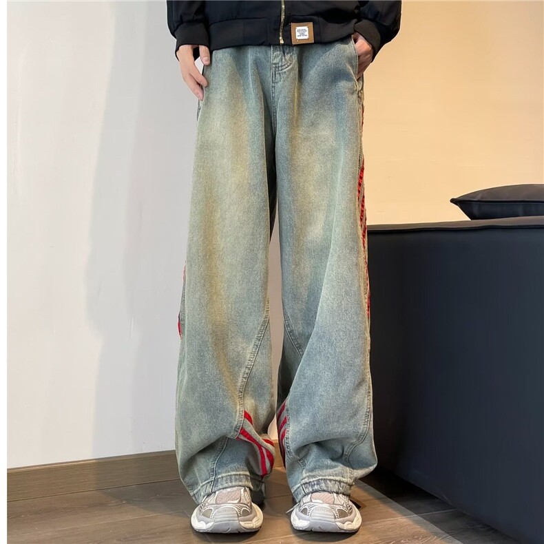 美式高街红色条纹牛仔裤男女2025春秋新款高腰显瘦潮牌阔腿长裤,男装牛仔裤,星座601-1