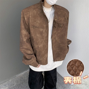 美式复古做旧加棉夹克潮牌设计感痞帅保暖立领Pu皮衣外套图片