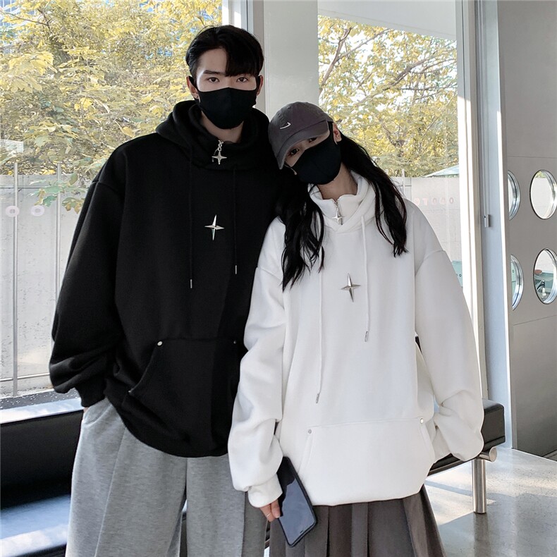 情侣秋冬美式复古假两件加绒加厚连帽卫衣半拉链外套D318-1P78，女装短外套，电商A335-1（原A458）