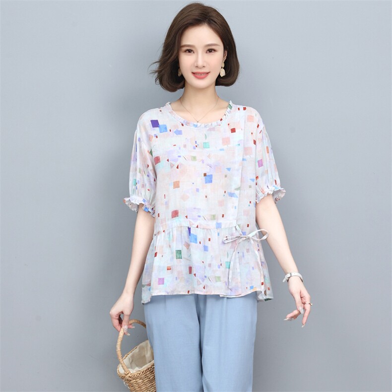 苎麻短袖t恤女夏装2022新款时尚宽松显瘦小衫休闲小个子妈妈上衣,女装衬衫,奕阳依阁