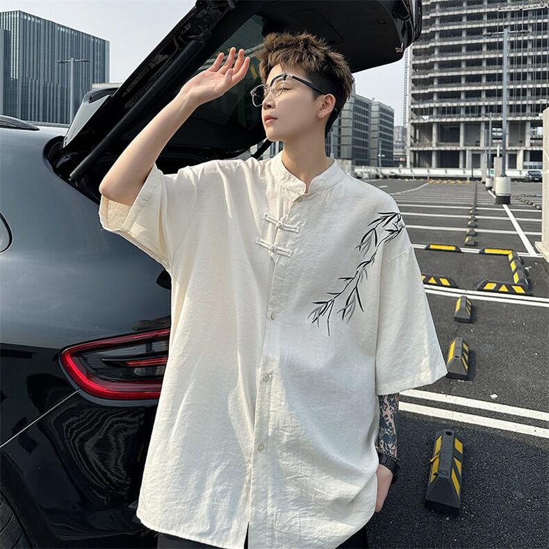新中式风立领天丝亚麻短袖衬衫大码竹叶刺绣半袖衬衣DC5008/P55，男装衬衫，电商B238