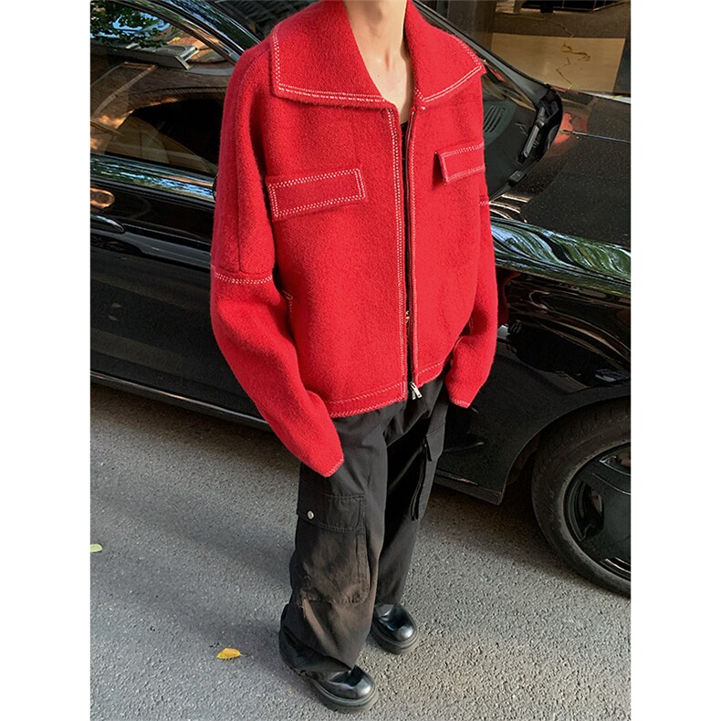 安哥拉红翻领针织开衫男慵懒风短款拉链毛衣外套冬季MY11P138，男装针织衫/毛衣，星座512-1（原513-3）
